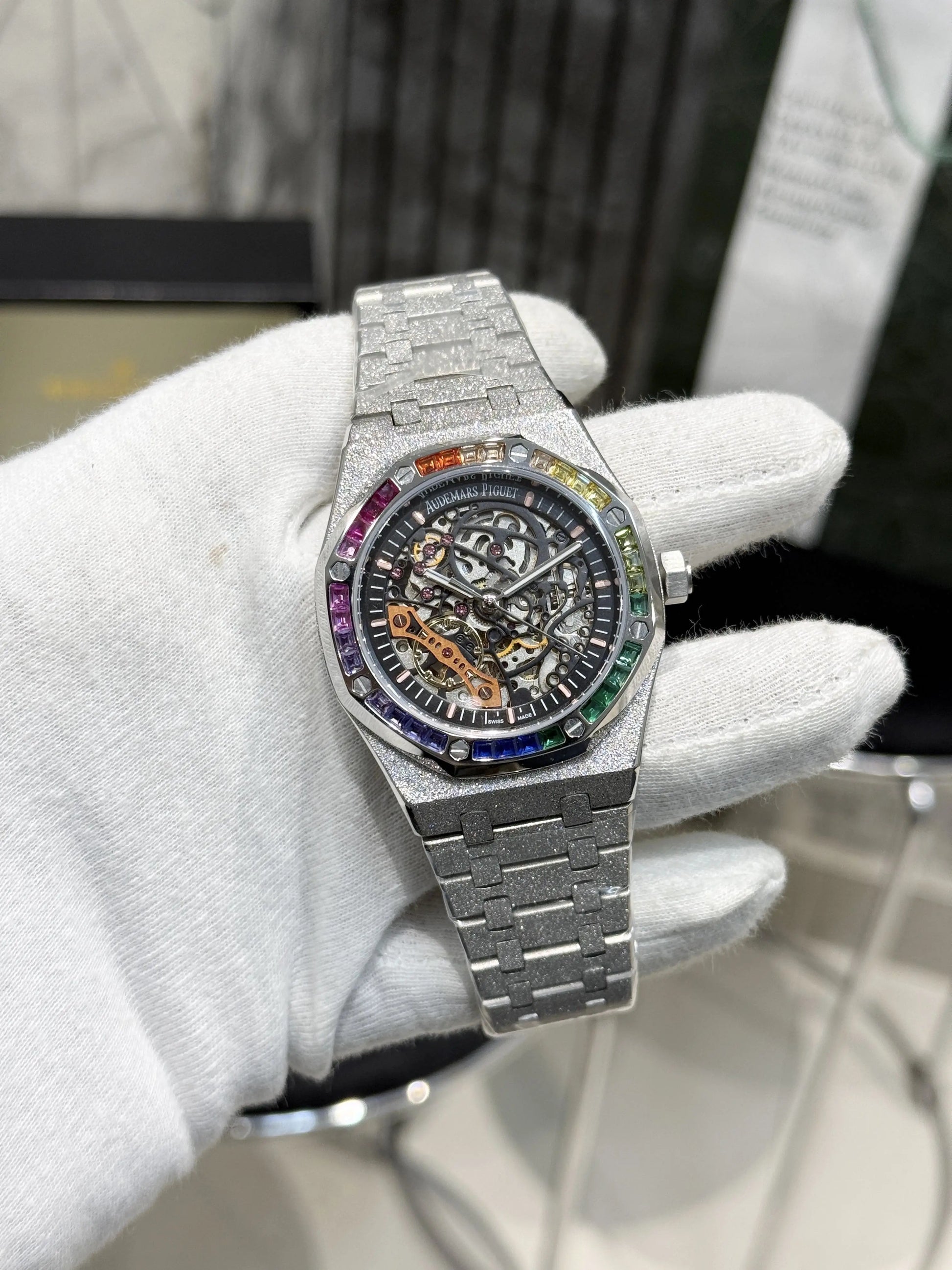 Audemars Piguet Royal Oak Silver Frosted Gold Double Balance Wheel with Rainbow Bezel