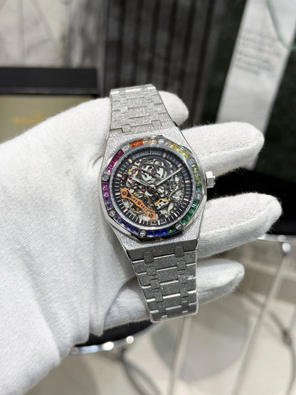 Audemars Piguet Royal Oak Silver Frosted Gold Double Balance Wheel with Rainbow Bezel