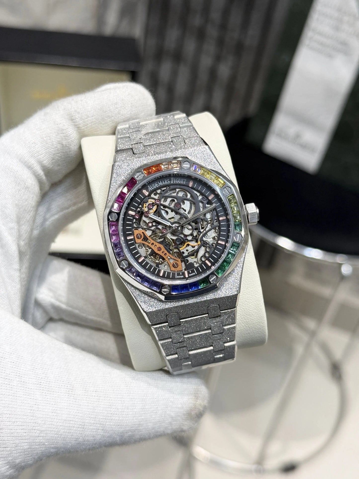 Audemars Piguet Royal Oak Silver Frosted Gold Double Balance Wheel with Rainbow Bezel